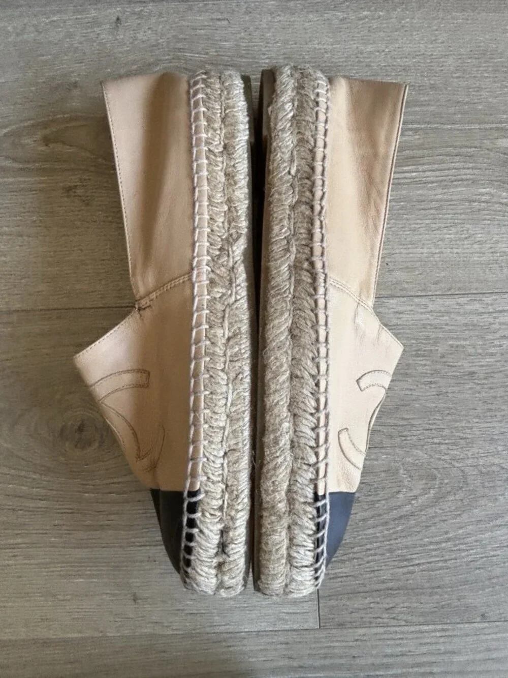 CHANEL Beige Tan & Black Lambskin Espadrilles Shoes Flats Sz 40
